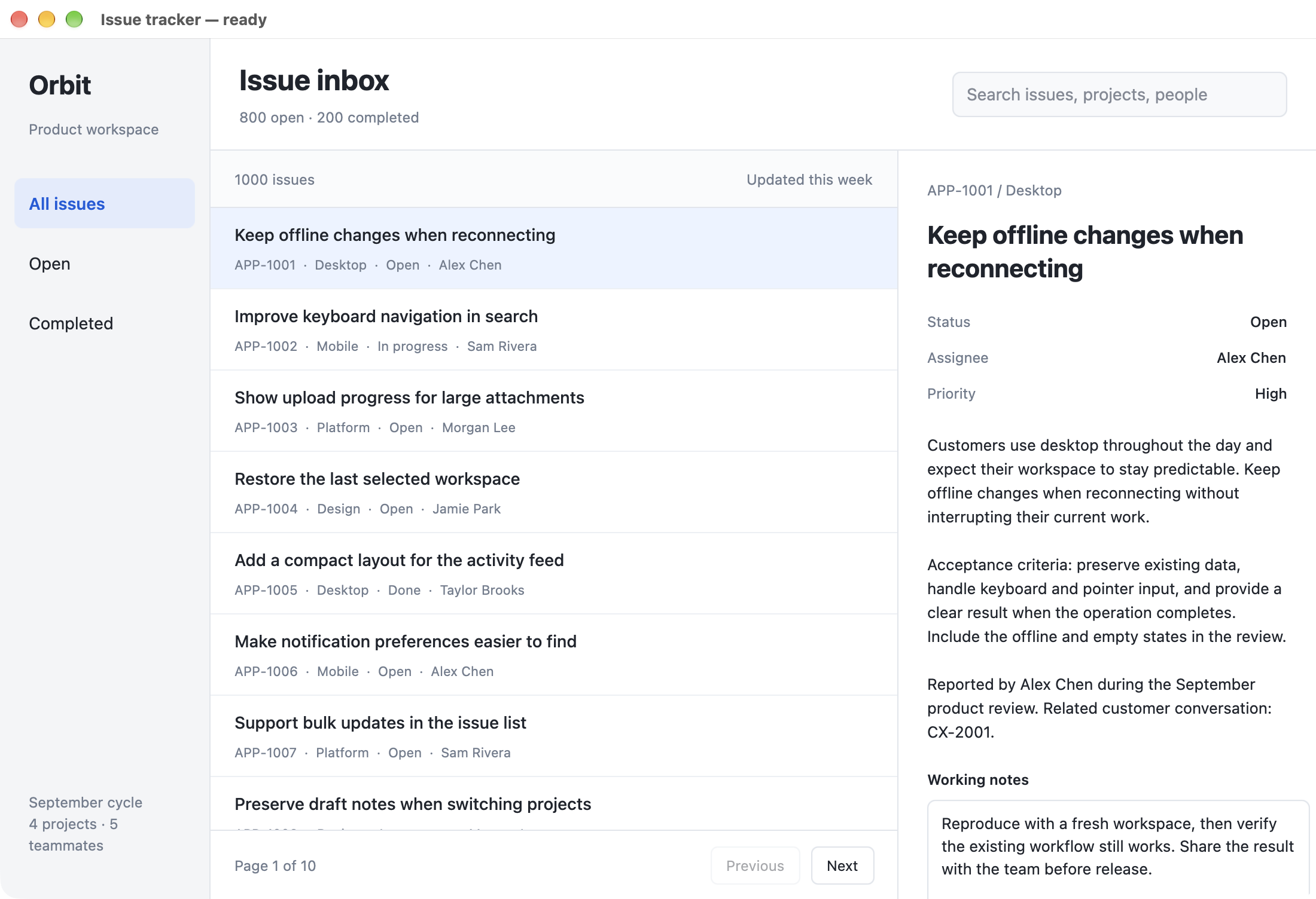 QuickGUI Go running the issue tracker benchmark with 1,000 issues